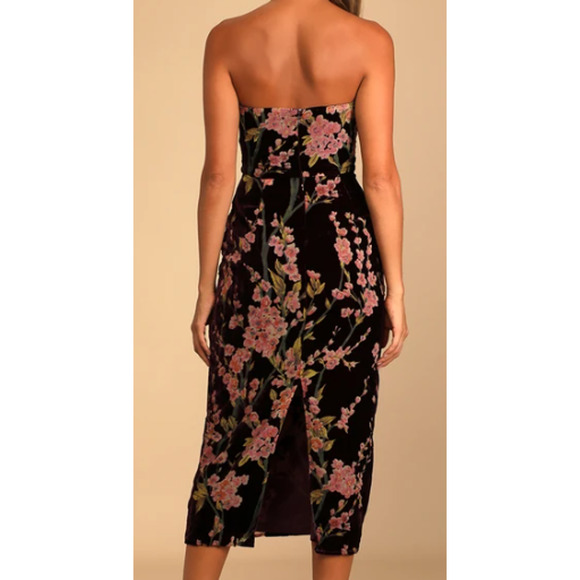 LULU'S  L Buy You Flowers Plum Floral Print Velvet Strapless Midi Dress NEW B24 - Picture 2 of 11